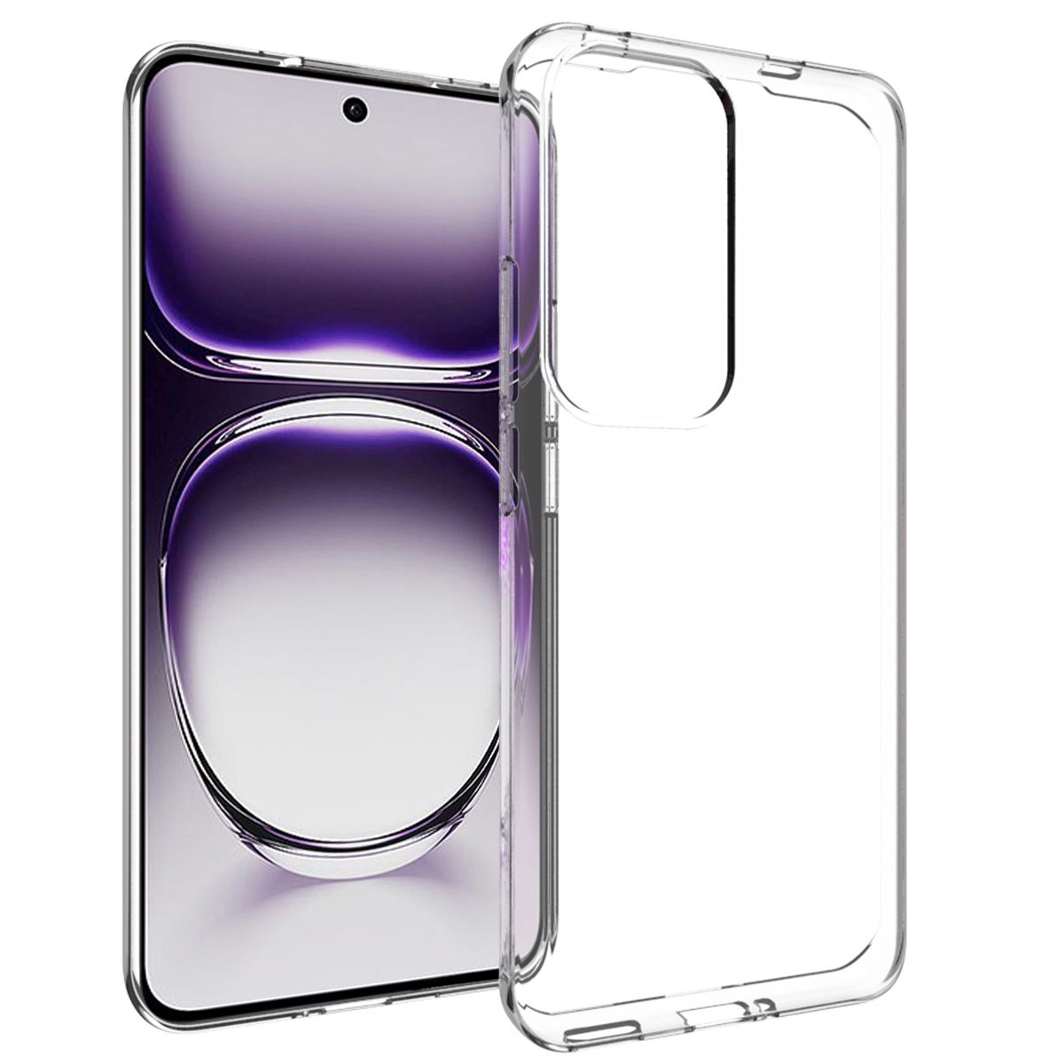 Uno smartphone con una custodia protettiva trasparente. Lo schermo del telefono mostra una sfumatura viola. La custodia è trasparente e in plastica.