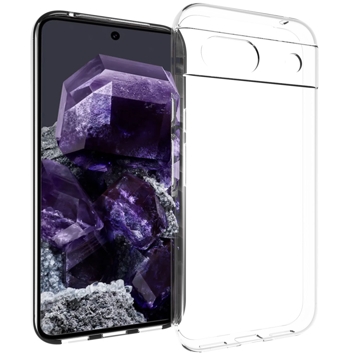 Uno smartphone con schermo che mostra cristalli viola e una cover trasparente. La cover copre parzialmente il telefono.