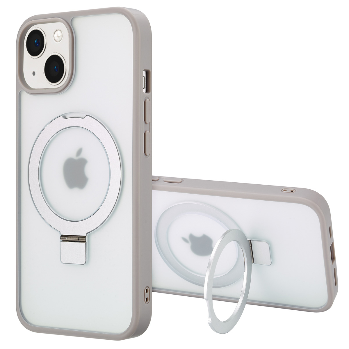 Twee grijze telefoonhoesjes. Eén rechtop, de andere liggend. Beide hebben een doorzichtige achterkant, een Apple-logo en een zilveren ringstandaard.