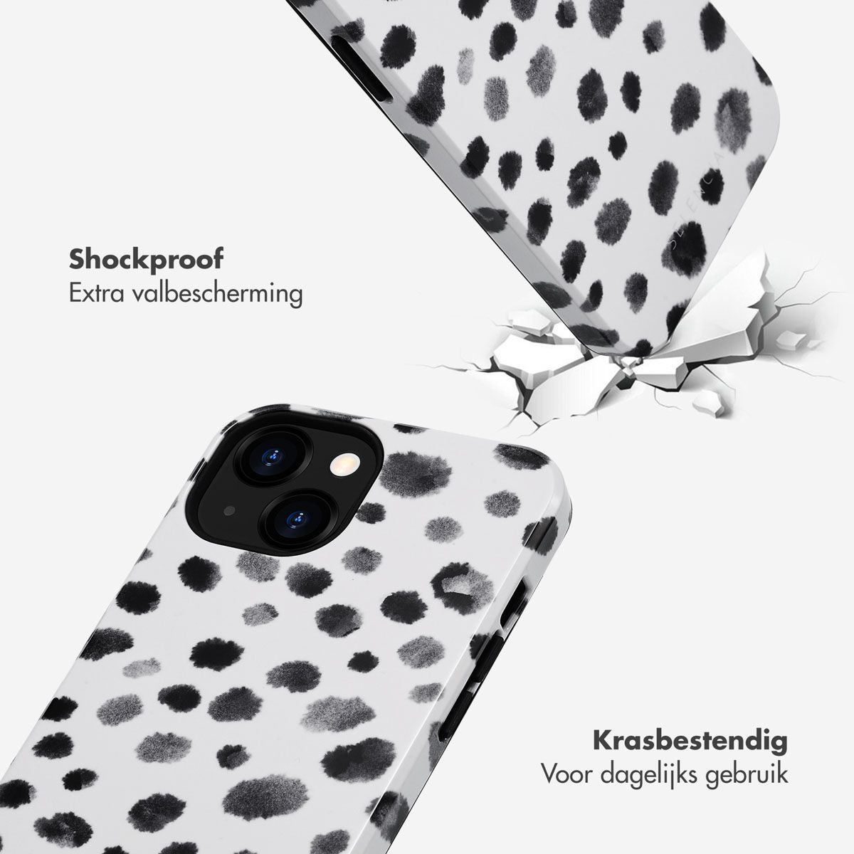 Coques de téléphone à pois dalmatiens, l'une brisant une surface. Texte: 'Antichoc' et 'Résistant aux rayures'.