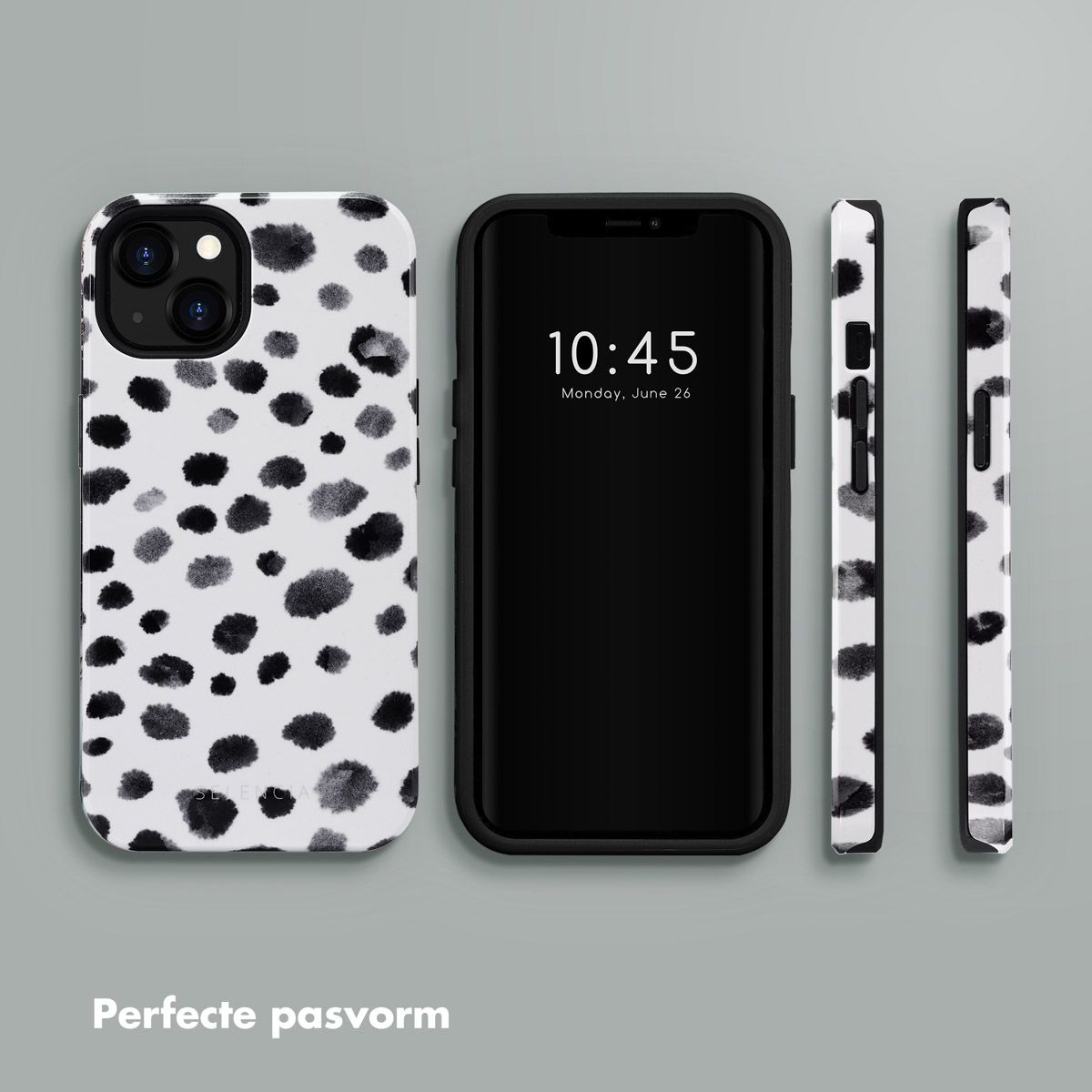 Un étui de téléphone à pois noirs, téléphone affichant 10h45 le lundi 26 juin, téléphone et deux côtés de l'étui. Fond blanc.