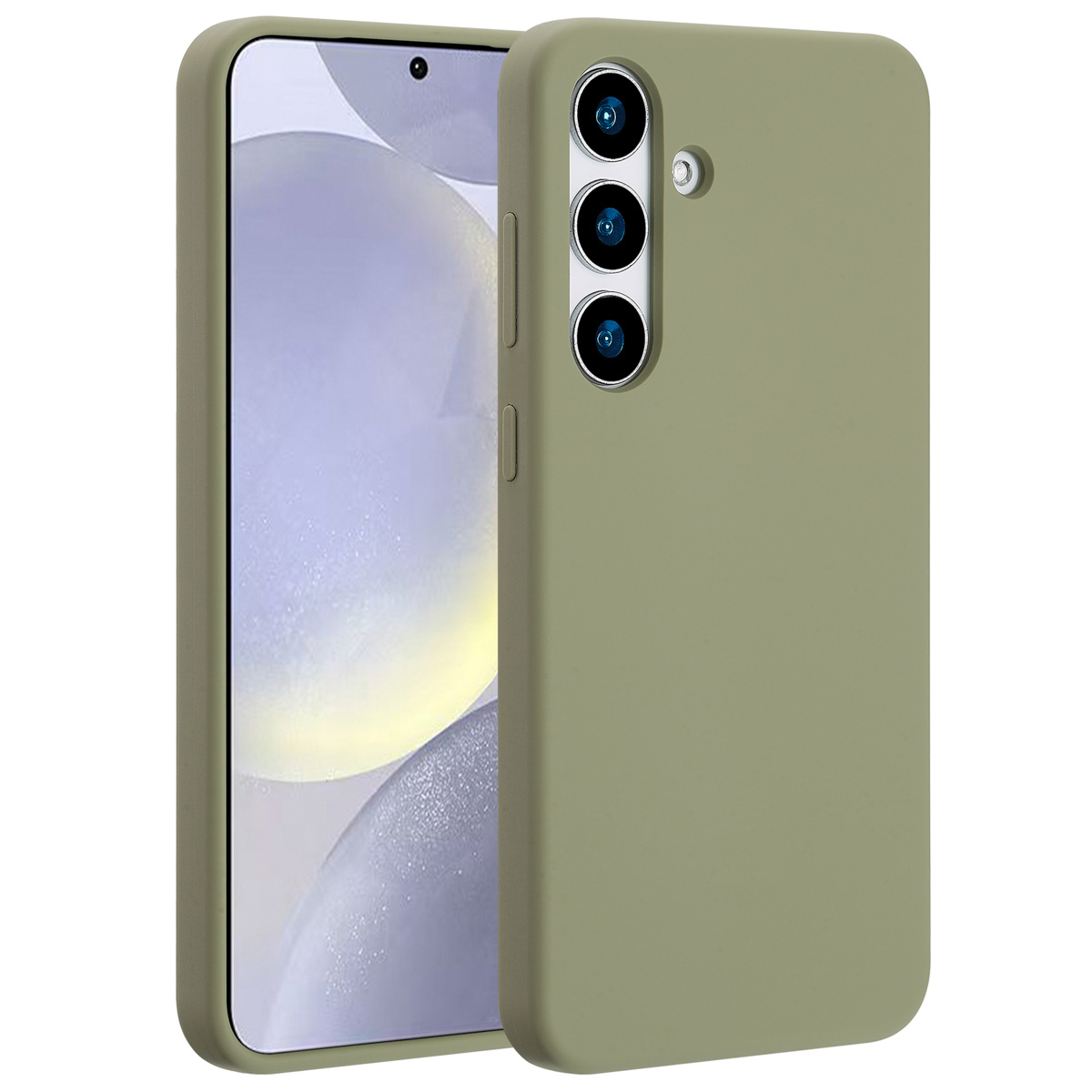 Olijfgroene telefoonhoes met telefoon erin. De hoes heeft camera-uitsparingen en knoppen. Het telefoonscherm is zichtbaar.