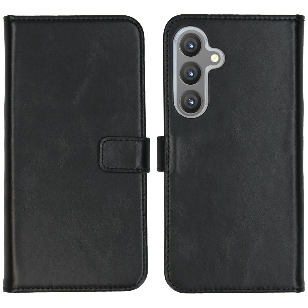 Étui de téléphone en cuir noir, ouvert. Le côté gauche a un rabat avec un fermoir. Le côté droit montre les lentilles de l'appareil photo du téléphone. Fond blanc.