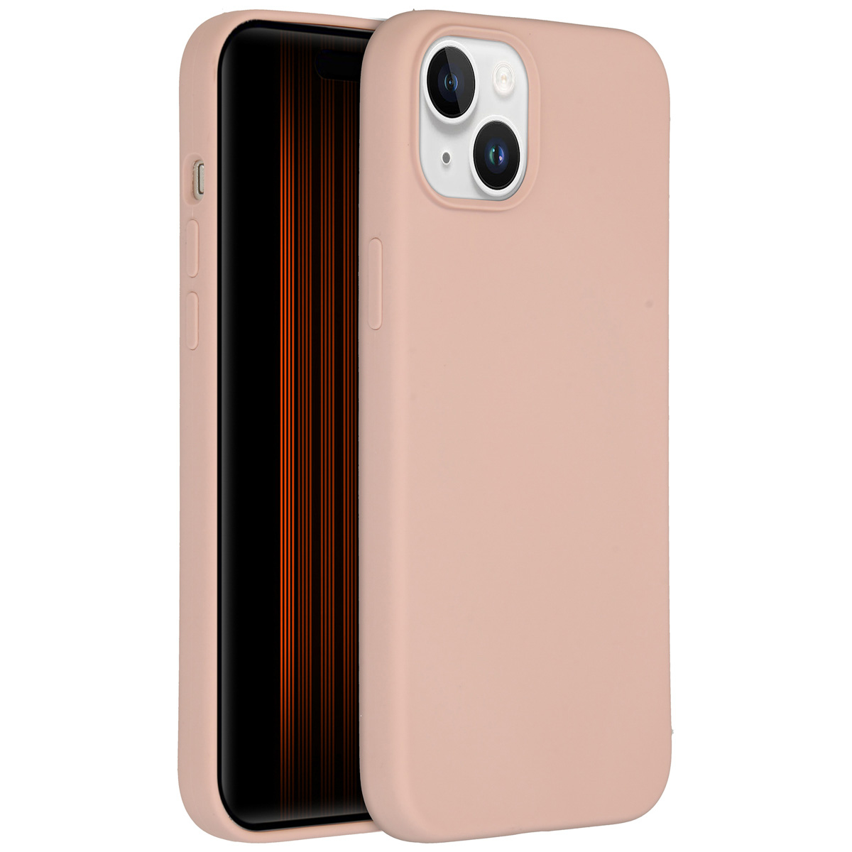 Een telefoon in een roze hoesje staat rechtop. Het scherm is zwart met oranje verticale strepen.