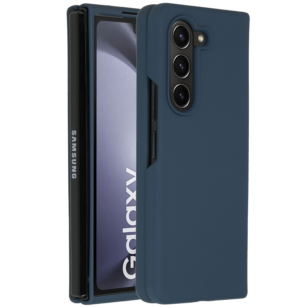 Eine dunkelblaue Samsung Galaxy-Handyhülle, teilweise geöffnet, wobei der Bildschirm sichtbar ist. Das Wort "Galaxy" ist sichtbar. Drei Kameralinsen sind vorhanden.