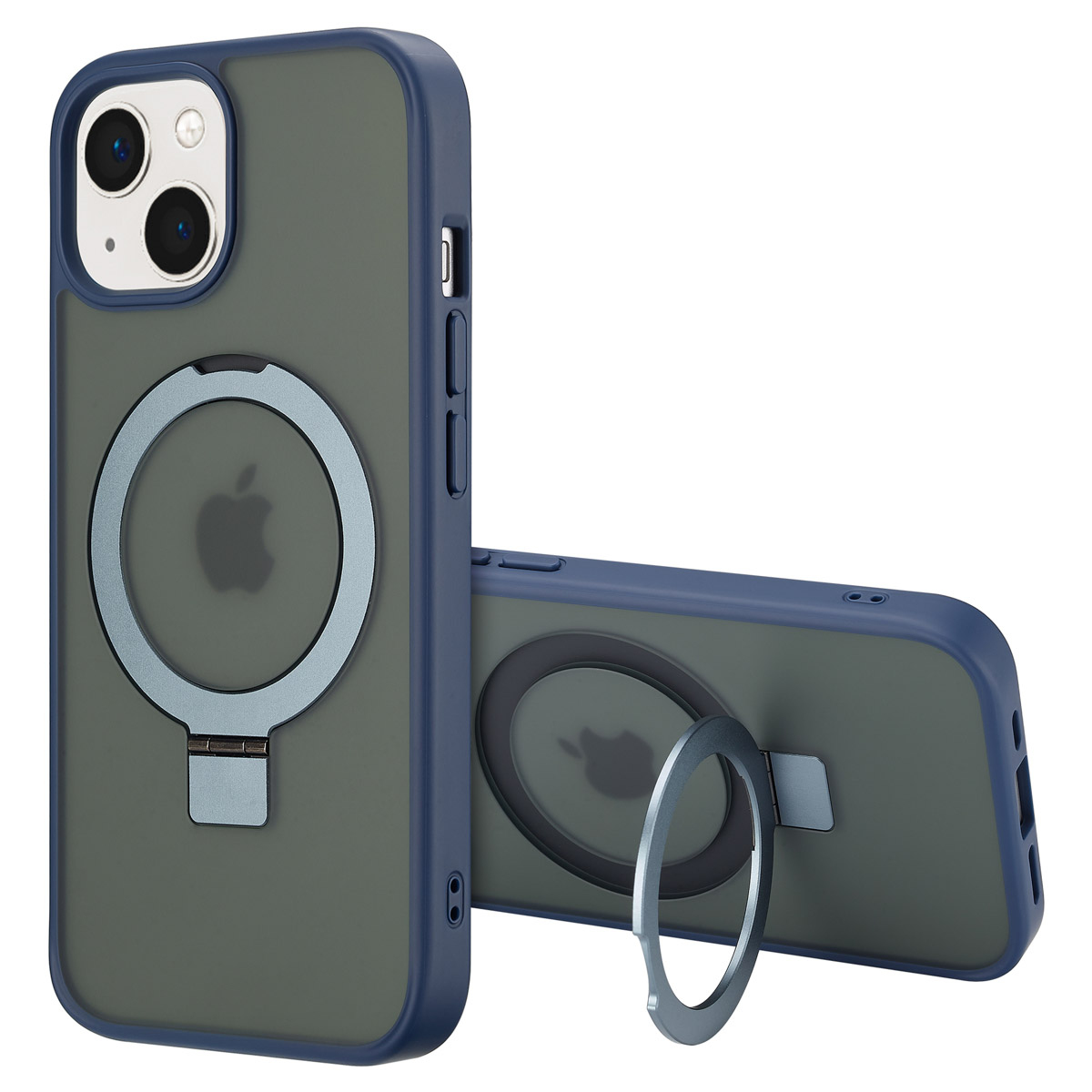 Twee iPhone-hoesjes. Eén rechtop, de ander liggend, beide met donkerblauwe randen, een zilveren ringhouder en Apple-logo.