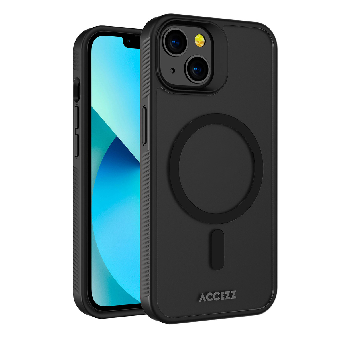 Un iPhone dans un étui noir. L'étui a un cercle magnétique et un logo ACCEZZ. Le téléphone affiche un écran bleu et blanc.