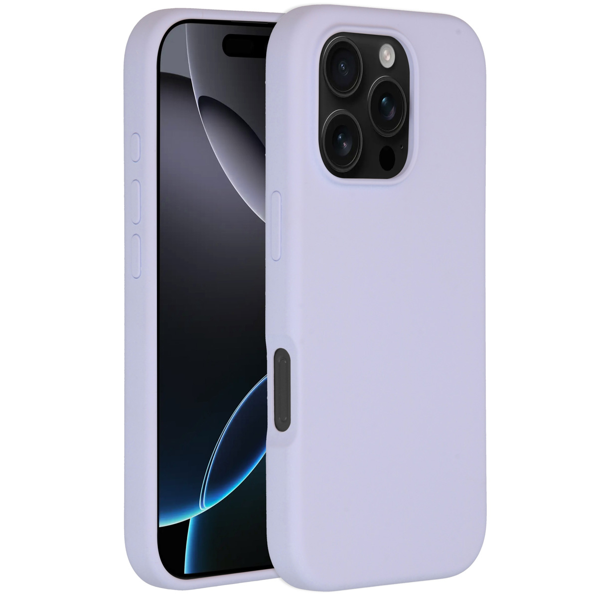 Een lichtpaarse telefoonhoes met een telefoon erin. De telefoon heeft een zwart scherm en drie cameralenzen.