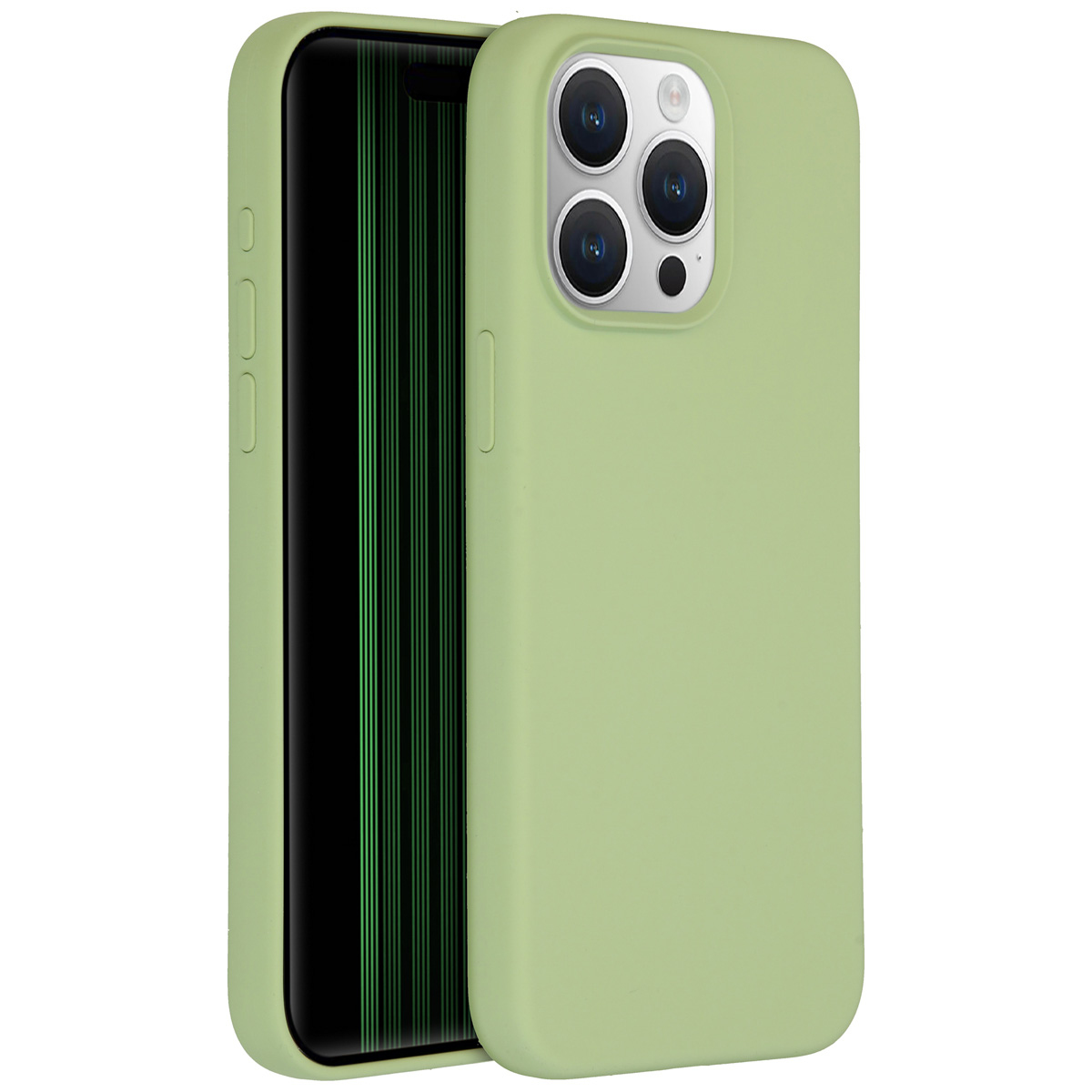 Een lichtgroene telefoonhoes met een telefoon erin. De telefoon heeft een zwart scherm met groene verticale lijnen. De hoes heeft cameralenzen.