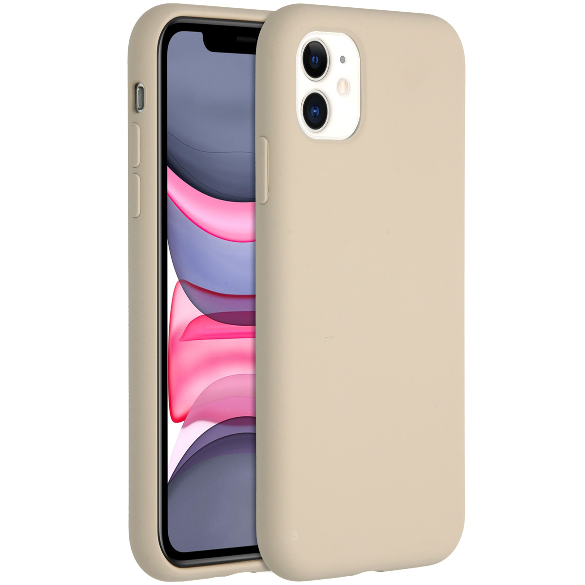 Coque de téléphone beige à côté d'un téléphone. Le téléphone a un écran coloré et la coque deux caméras.