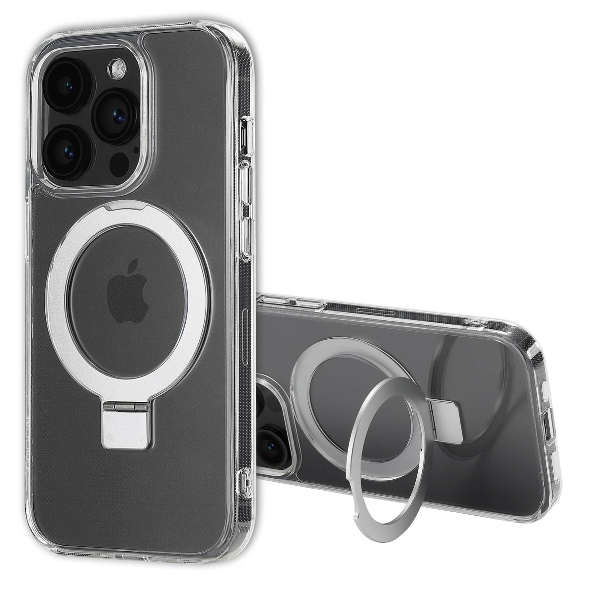 Custodia trasparente per iPhone con supporto ad anello argentato, logo Apple. Un'altra custodia è visibile dietro.
