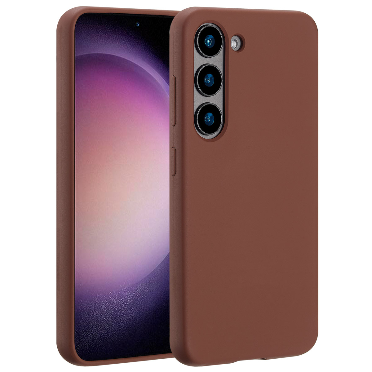 Une coque de téléphone marron avec un téléphone à l'intérieur. L'écran du téléphone affiche un dégradé violet. L'étui a trois lentilles de caméra.
