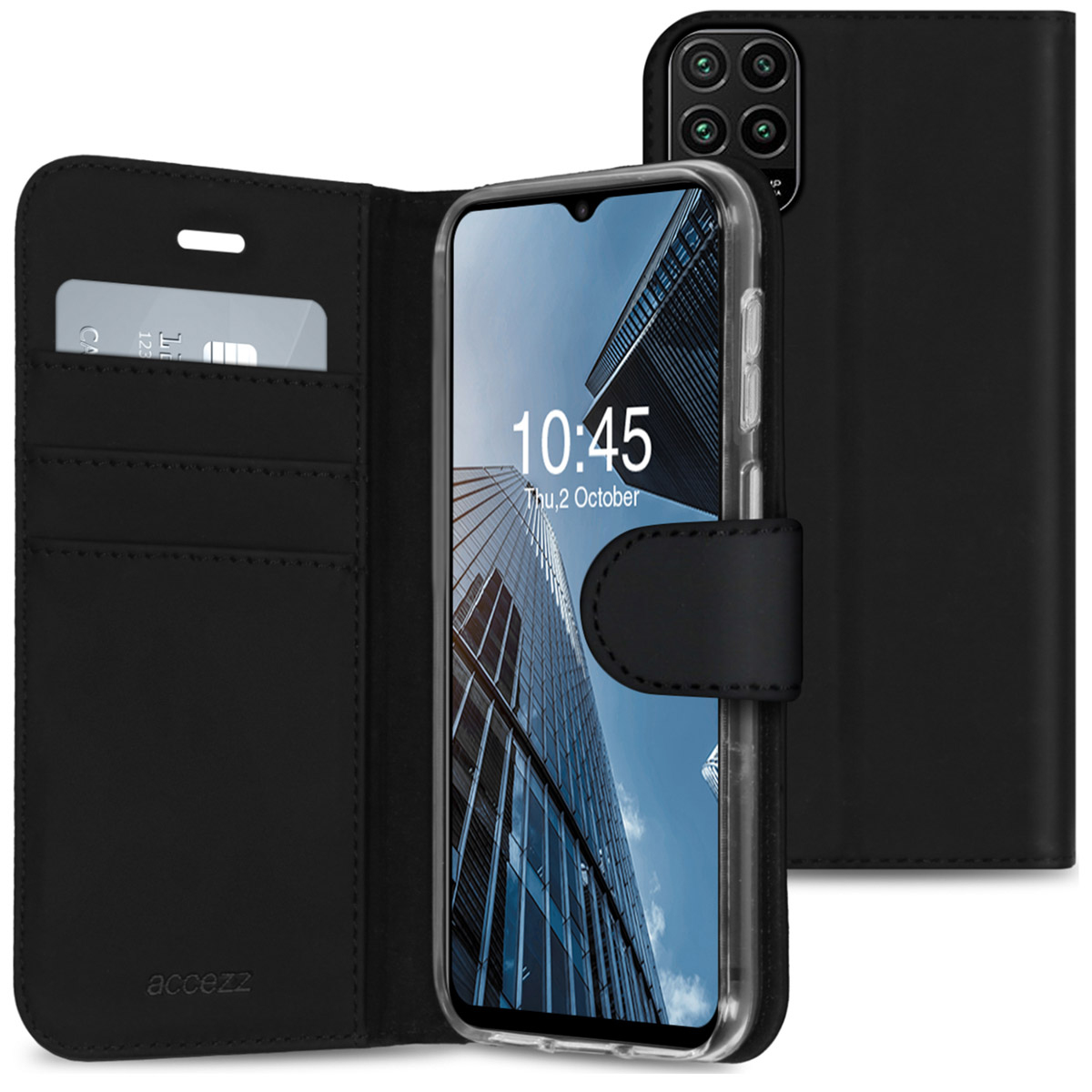 Étui de téléphone noir avec un téléphone affichant un bâtiment, l'heure est 10h45. Une carte de crédit est dans une fente. L'étui est ouvert.