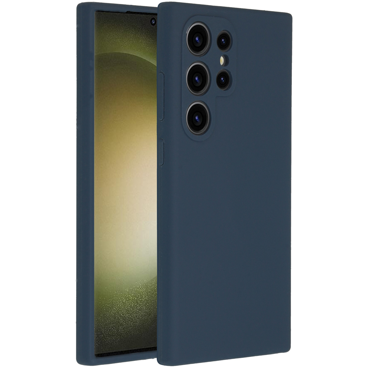Een donkerblauwe telefoonhoes op een telefoon. De telefoon heeft meerdere lenzen aan de achterkant. Het scherm is zichtbaar.