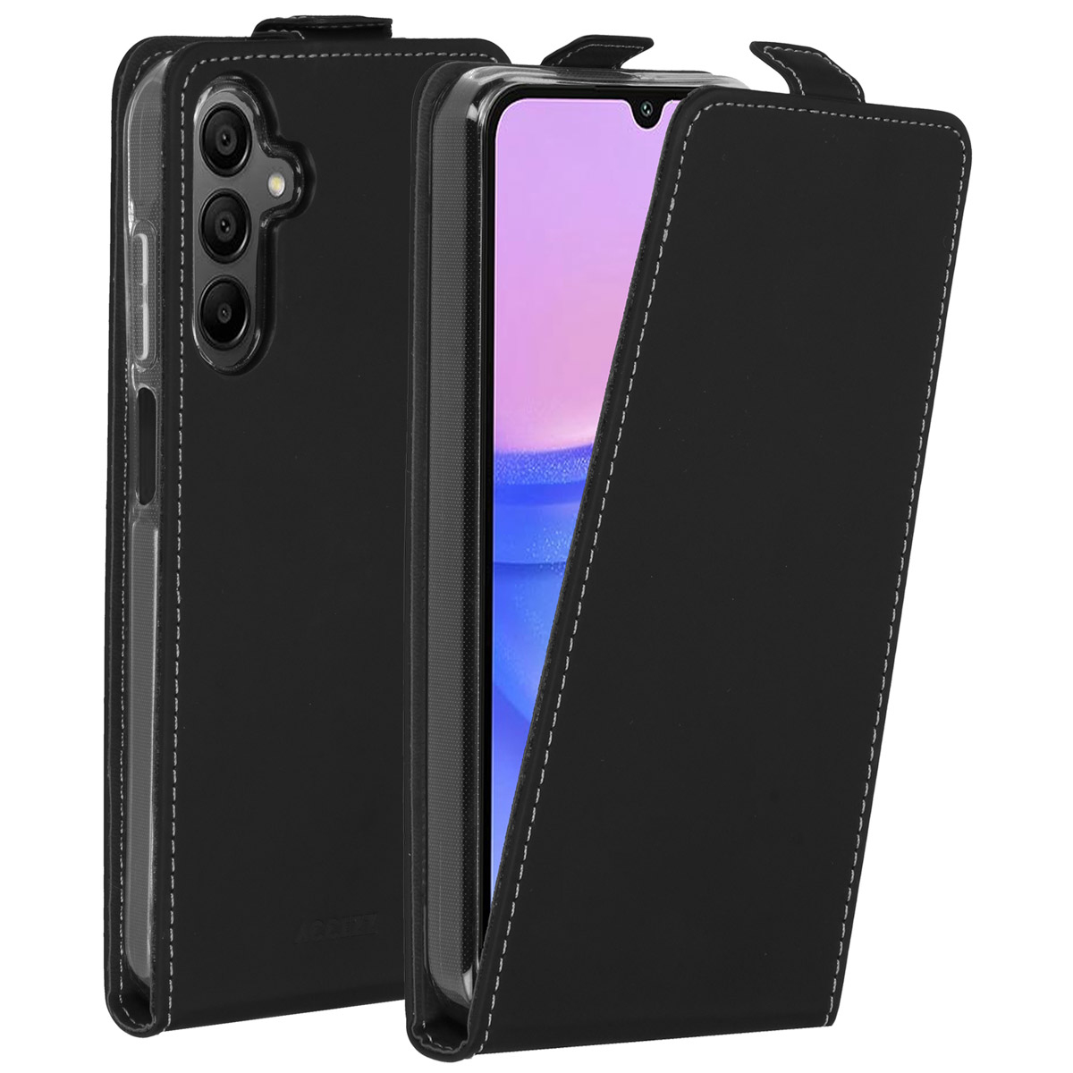 Un étui de téléphone noir avec des coutures blanches est ouvert, révélant l'écran du téléphone. L'étui est sur une surface blanche.
