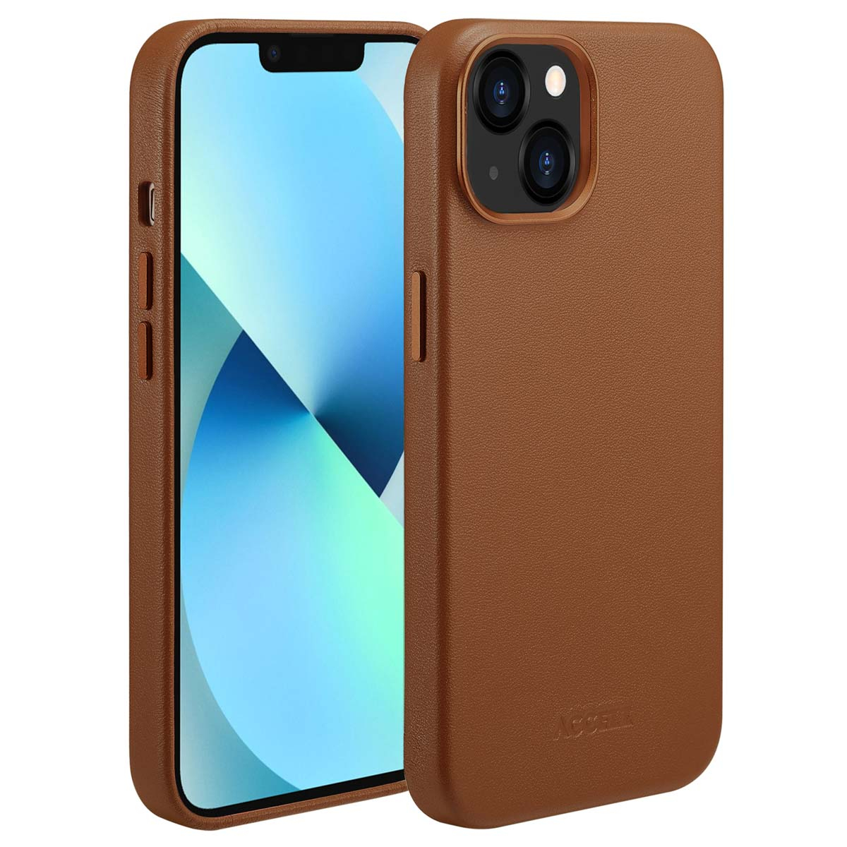 Un étui de téléphone en cuir marron avec un téléphone à l'intérieur. L'écran du téléphone affiche un design bleu et blanc. L'étui a un logo.