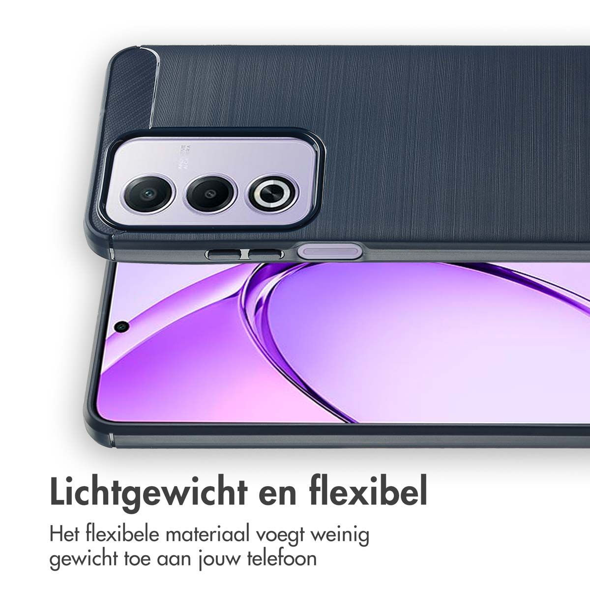 Een donkerblauwe telefoonhoes op een paars telefoonscherm. De hoes heeft drie cameralenzen. Tekst: Lichtgewicht en flexibel.