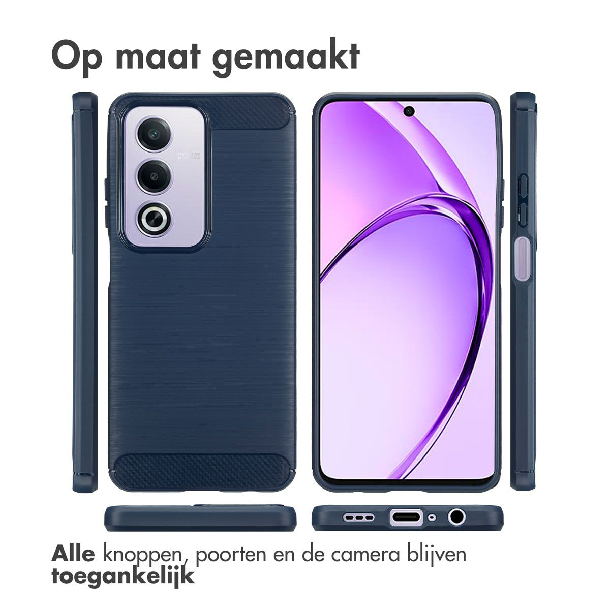Een telefoonhoesje en een telefoon worden getoond. Het hoesje is donkerblauw en het scherm toont een paars en wit abstract ontwerp.