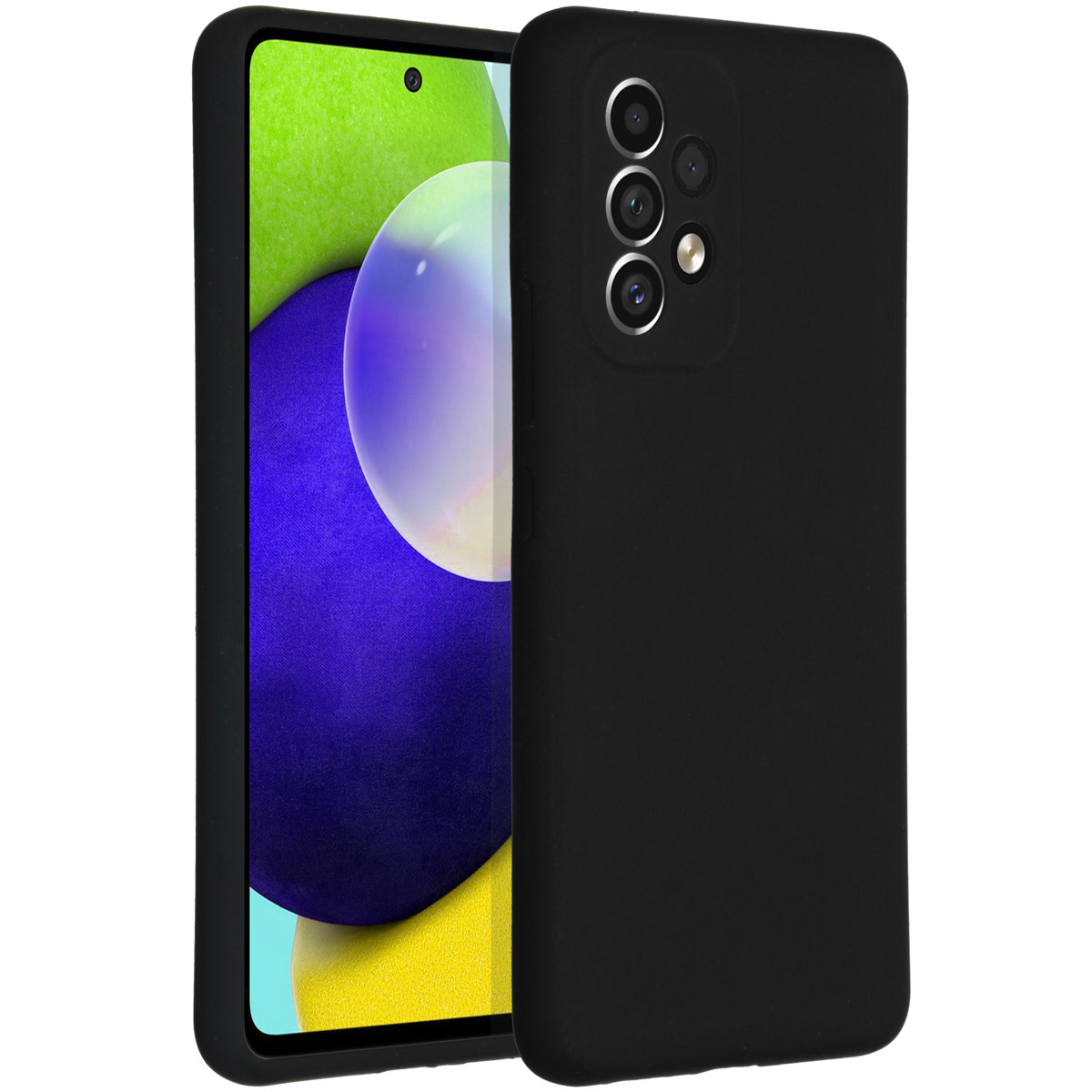 Schwarzes Smartphone mit schwarzer Hülle, der Bildschirm zeigt ein farbenfrohes Hintergrundbild. Das Telefon hat mehrere Kameras.