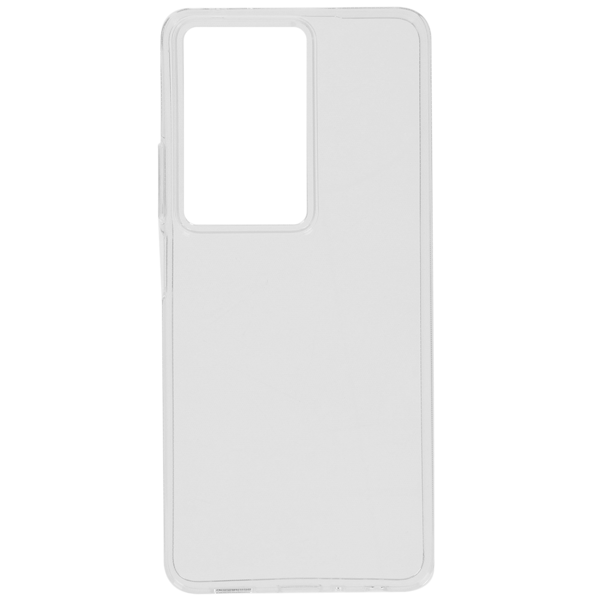 Een heldere, rechthoekige telefoonhoes. Het heeft een uitsparing voor de camera en een verhoogde rand. De hoes lijkt van transparant plastic te zijn.