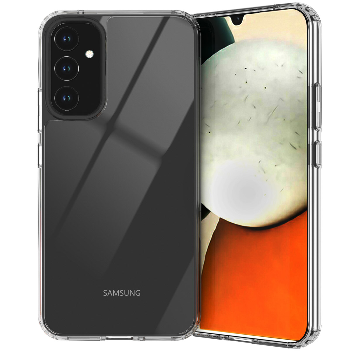 Un téléphone Samsung dans un étui transparent. Le téléphone a trois caméras. L'écran affiche une image abstraite avec de l'orange.