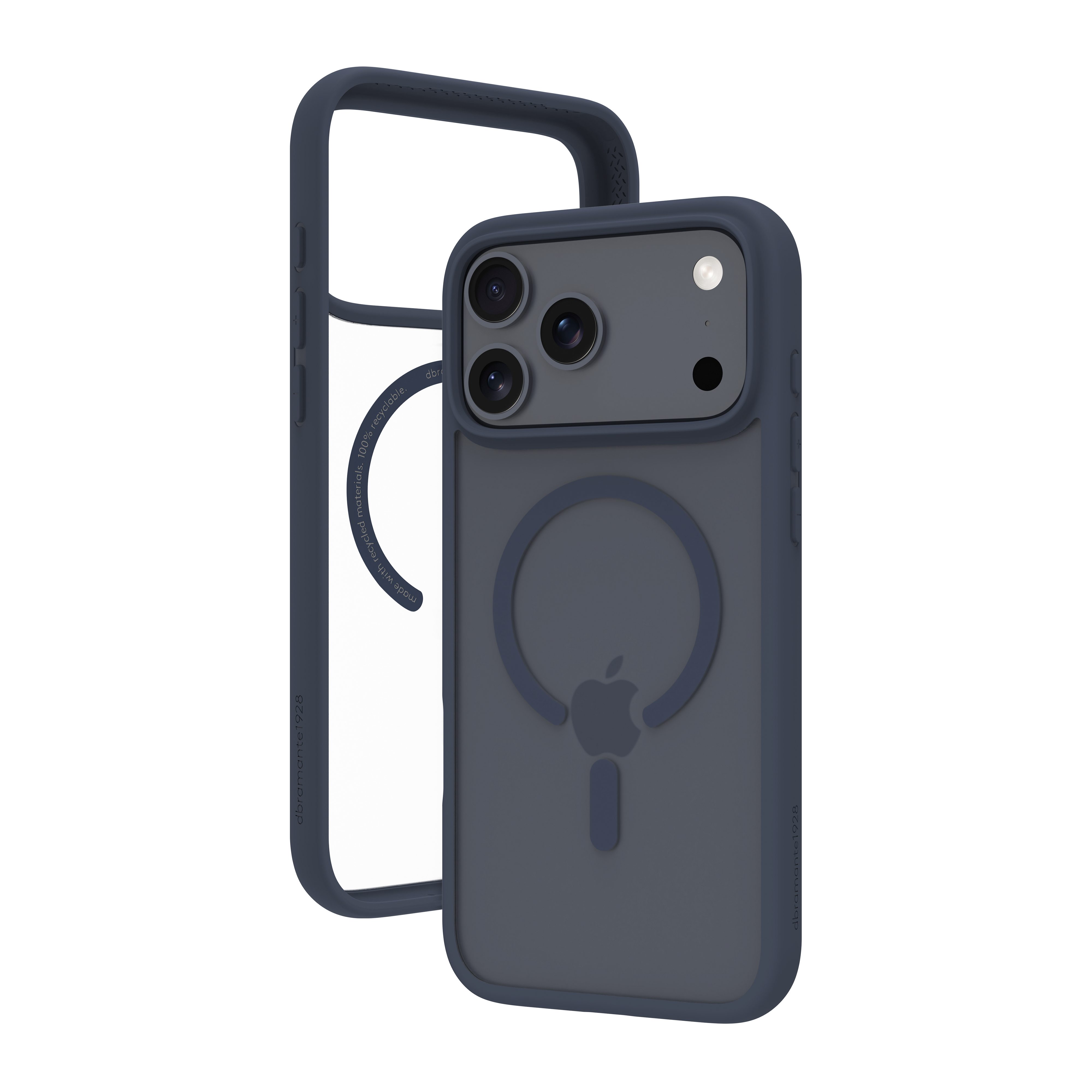 Una custodia per telefono blu scuro con logo Apple e cornice trasparente. La custodia è angolata, mostrando il design.