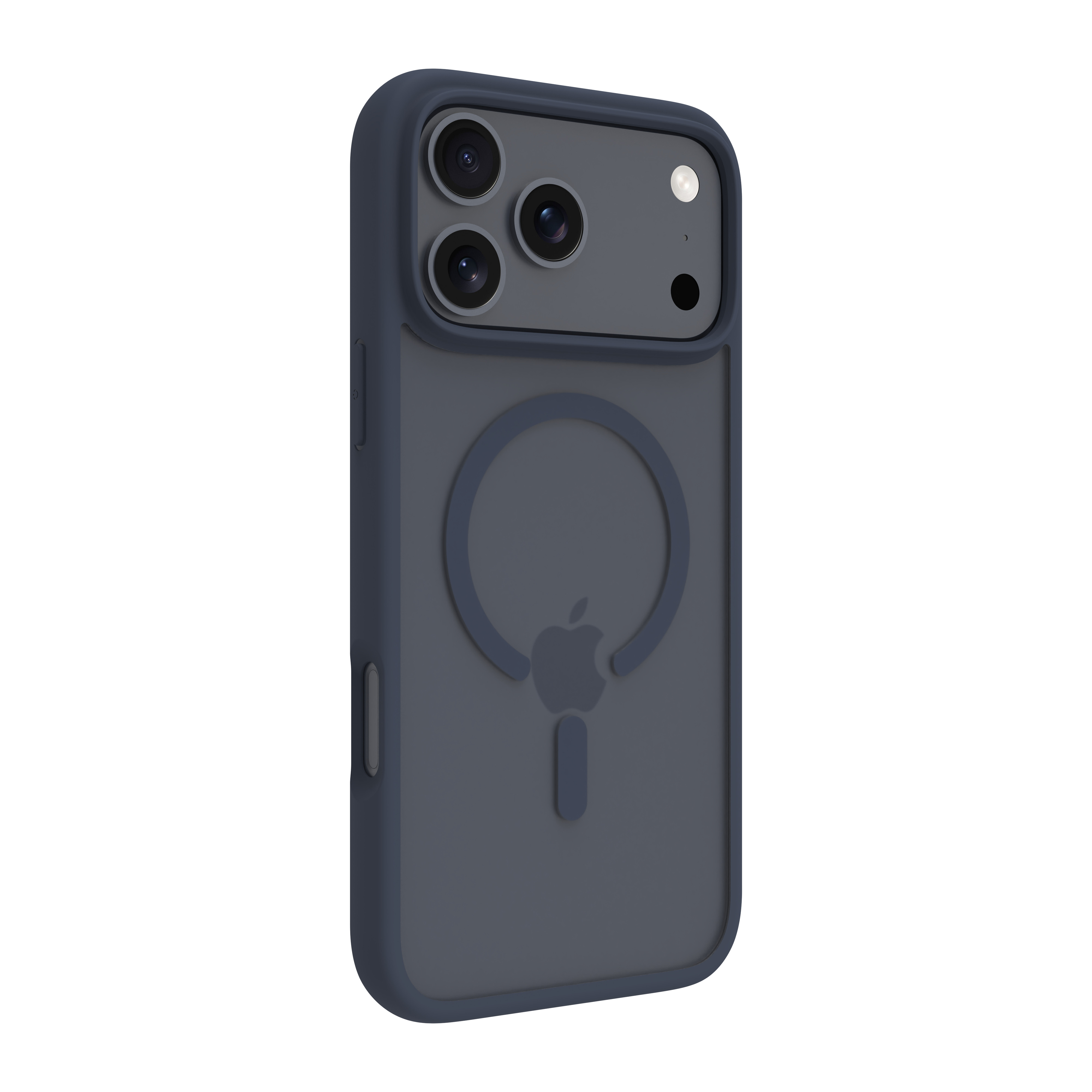 Una custodia per iPhone blu scuro. Ha un cerchio e il logo Apple sul retro, con tre obiettivi.