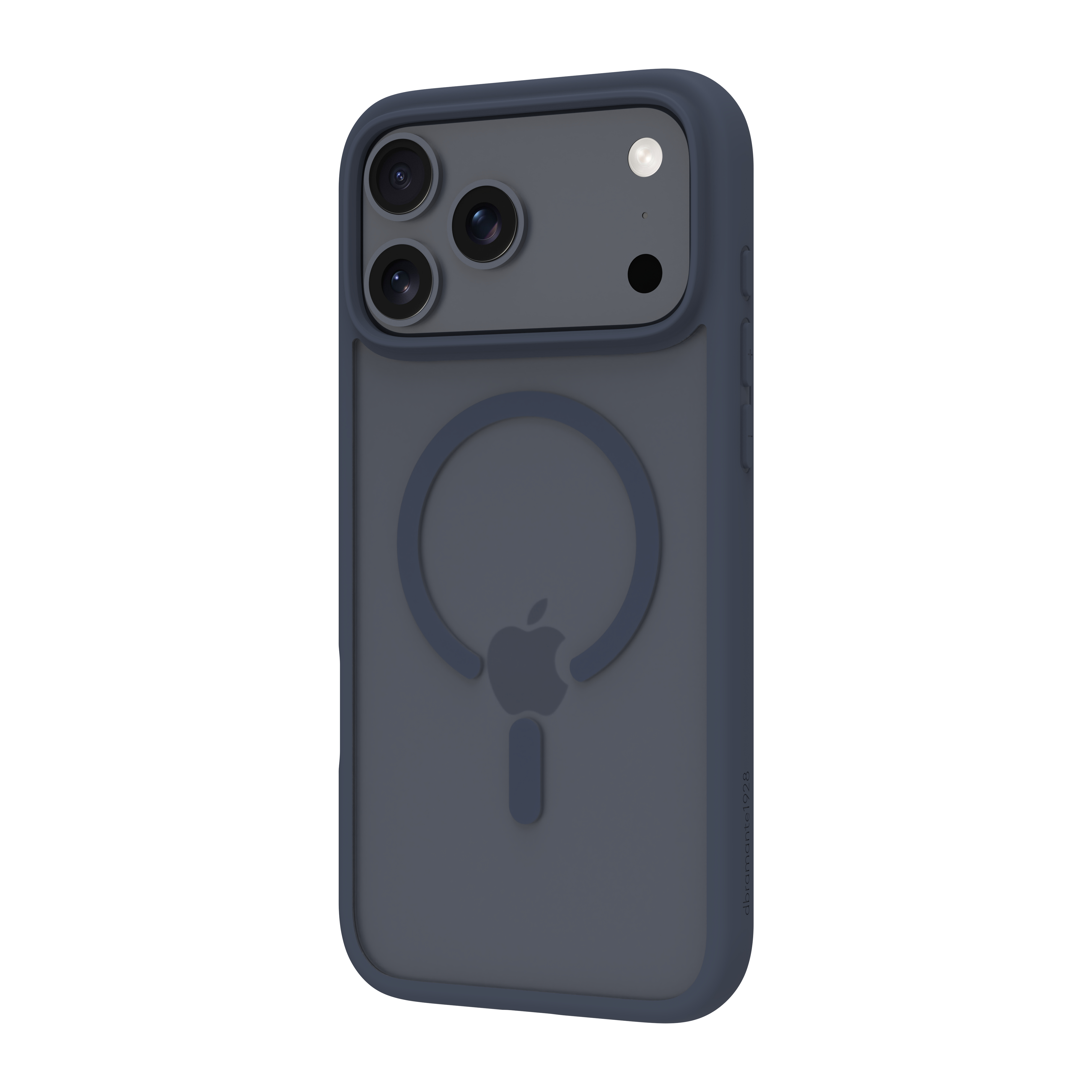 Un iPhone blu scuro in una custodia. Ha tre fotocamere, un flash e un logo Apple sul retro.