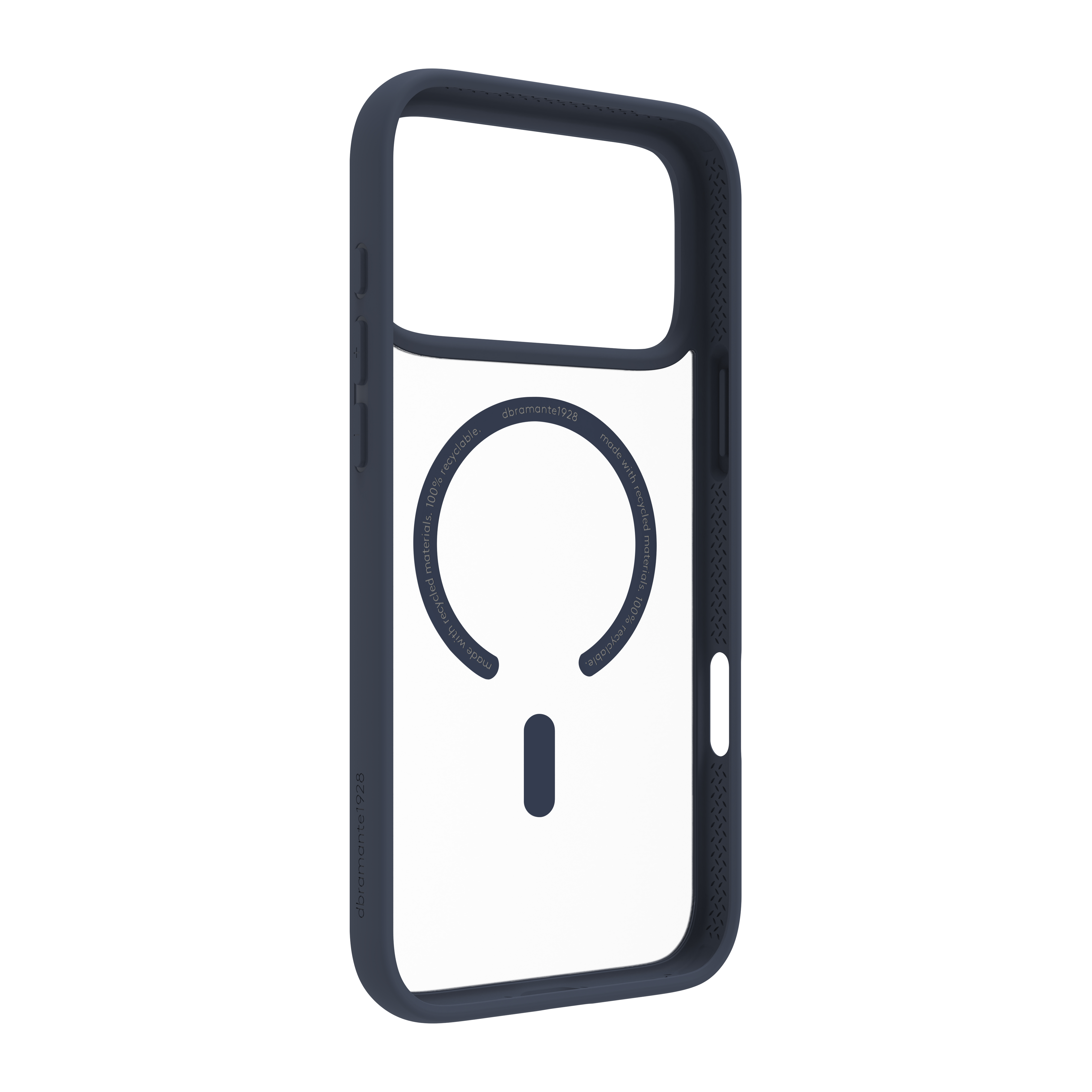 Una custodia per telefono blu scuro. Ha un retro trasparente e un ritaglio per la fotocamera. I bordi hanno un design strutturato.