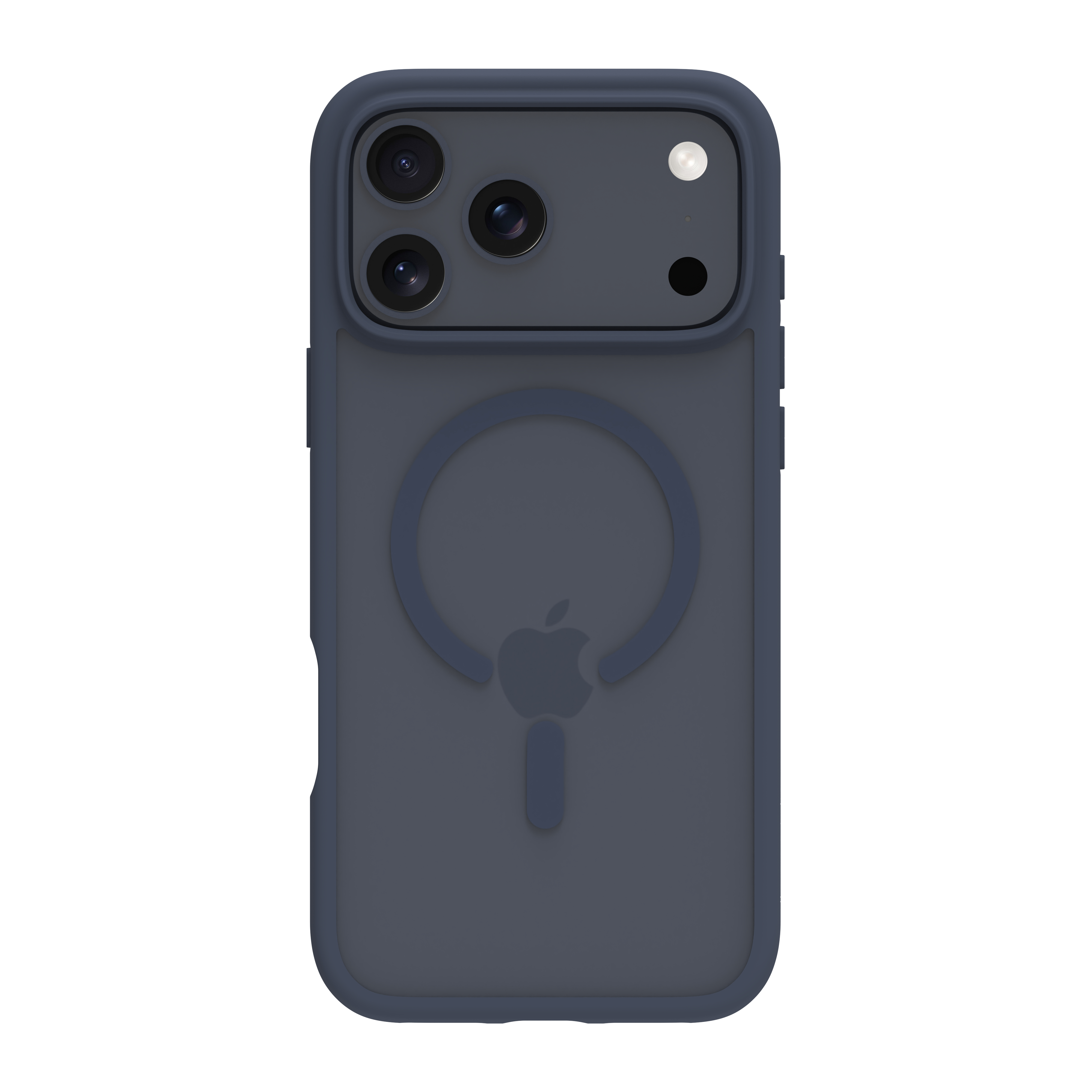 Una custodia per iPhone blu scuro con tre obiettivi e un logo Apple su sfondo bianco.
