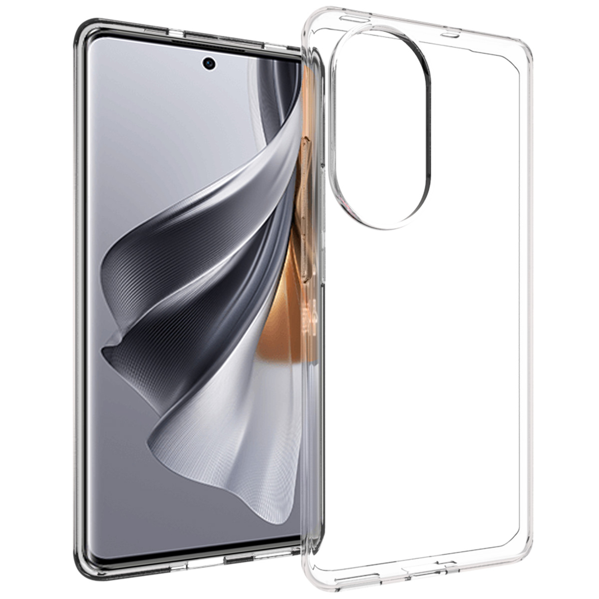 Un smartphone avec une coque de protection transparente. L'écran affiche un design argenté et fluide. La coque est transparente.