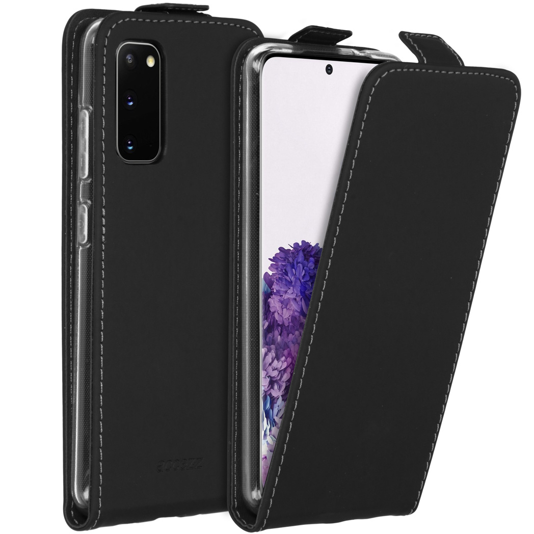 Custodia nera con cuciture bianche. Un lato aperto, mostra schermo con fiori viola. L'altro lato chiuso, mostra fotocamera.
