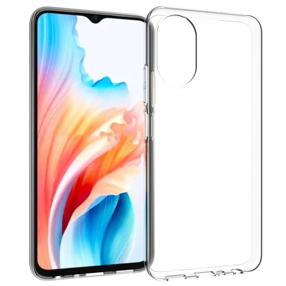 Smartphone met kleurrijk scherm en transparante telefoonhoes. Hoesje rechts, telefoon links, iets open.