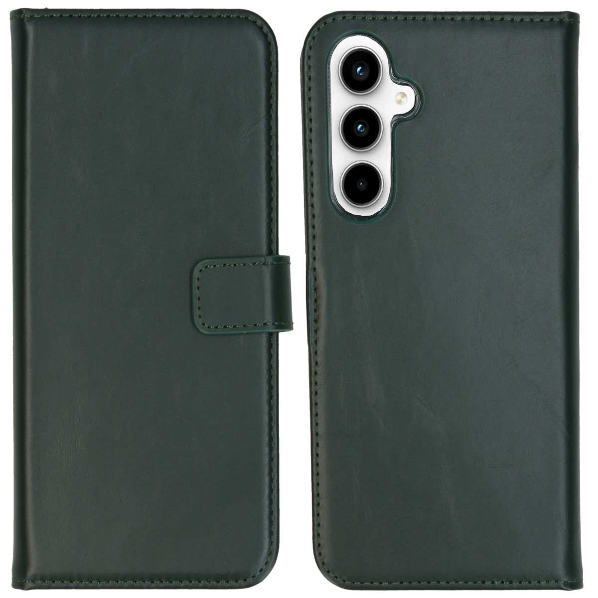 Étui de téléphone en cuir vert. L'étui est ouvert, montrant les lentilles de l'appareil photo du téléphone et une fermeture.