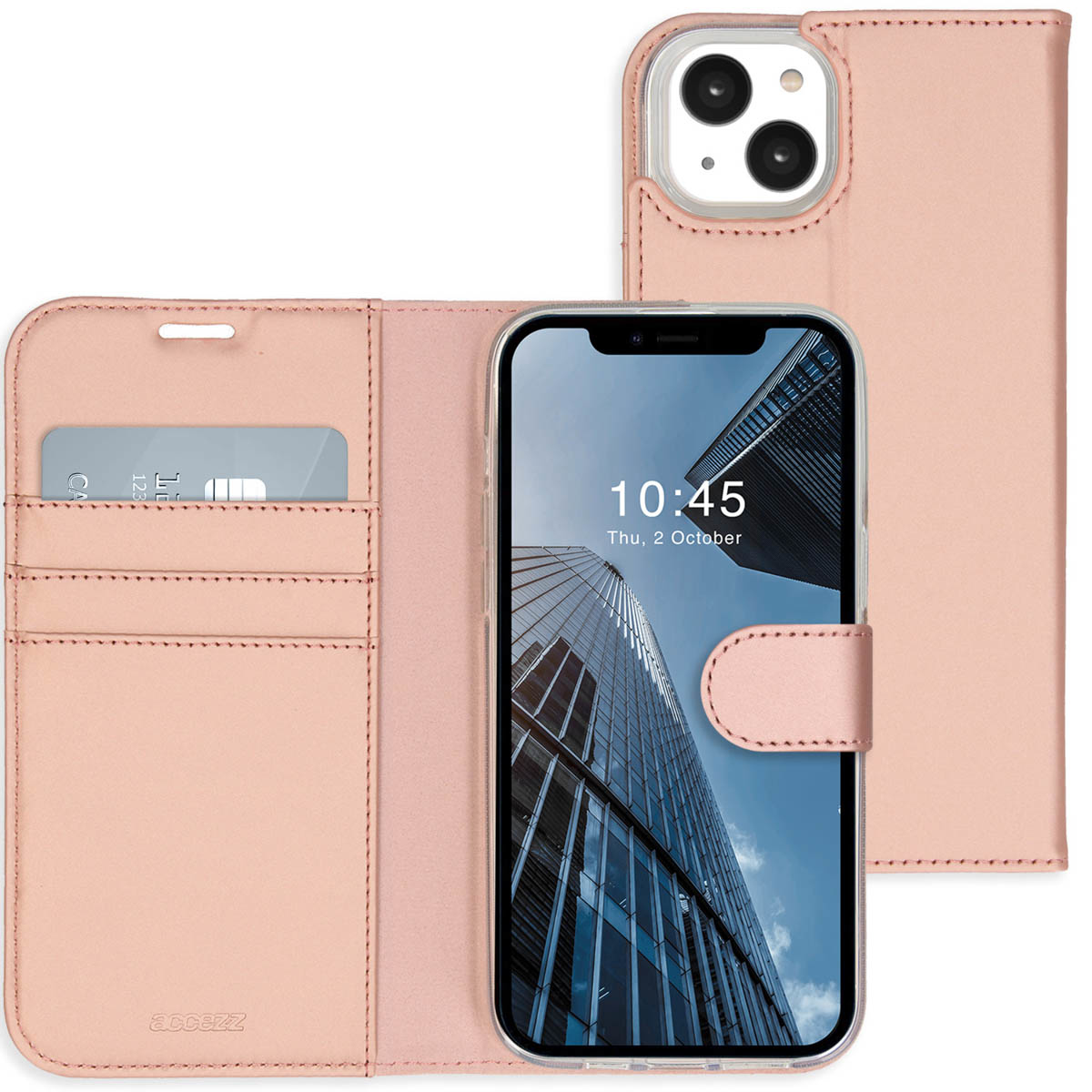 Roze telefoonhoesje met een telefoon die een gebouw en de tijd 10:45 weergeeft. Een creditcard zit in het hoesje.