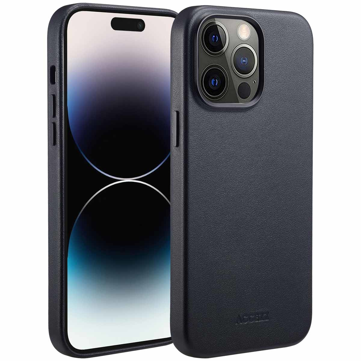 Twee zwarte smartphones met hoesjes. Eén toont een scherm, de ander heeft een camera. Beide staan op een witte achtergrond.
