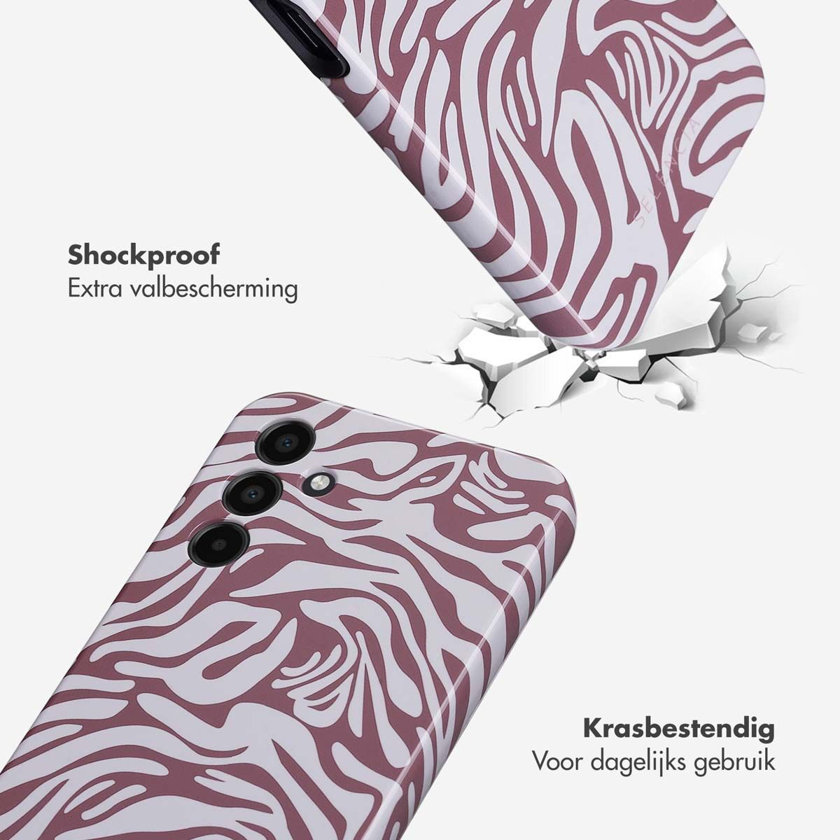 Twee telefoonhoesjes met zebraprint, een breekt oppervlak. Schokbestendig en krasbestendig tekst zichtbaar.