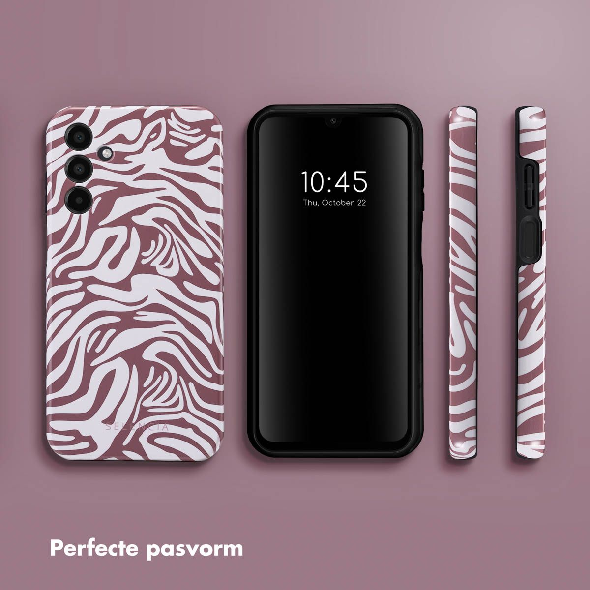 Een telefoon en hoesjes met zebrapatroon. De telefoon geeft de tijd 10:45 uur op 22 oktober weer. De achtergrond is paars.