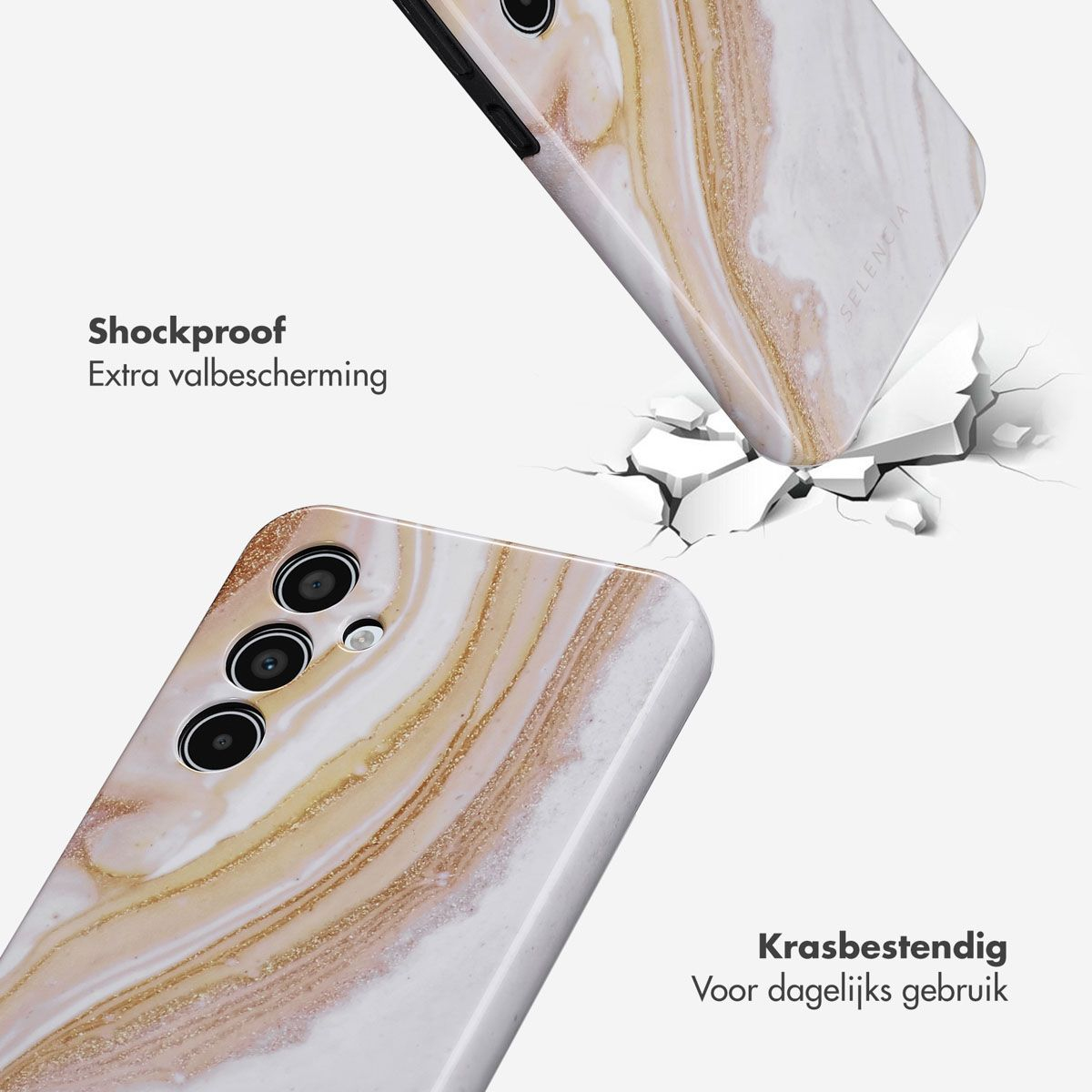 Deux coques de téléphone avec un design en marbre brisent une surface. Les mots 'Antichoc' et 'Résistant aux rayures' sont affichés.