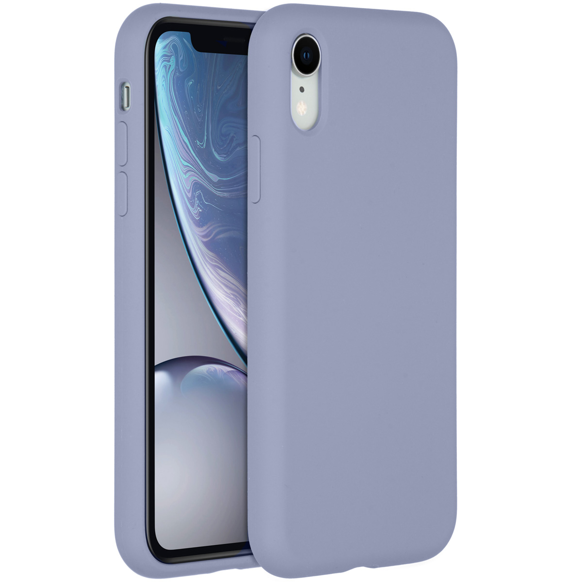 Gros plan d'une coque de téléphone lilas et d'un téléphone. L'étui est ouvert, montrant l'écran et l'appareil photo du téléphone. Le fond est blanc.
