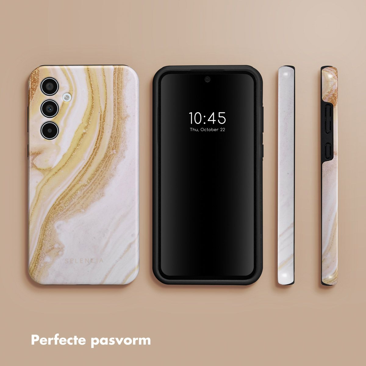 Un téléphone et trois étuis sont affichés. Les étuis ont des motifs en marbre. L'écran du téléphone affiche l'heure, 22 octobre.
