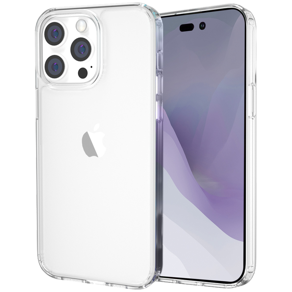 Deux coques de téléphone transparentes, une avec un iPhone. Le téléphone a un appareil photo à trois lentilles et un logo Apple. L'écran affiche un motif violet.