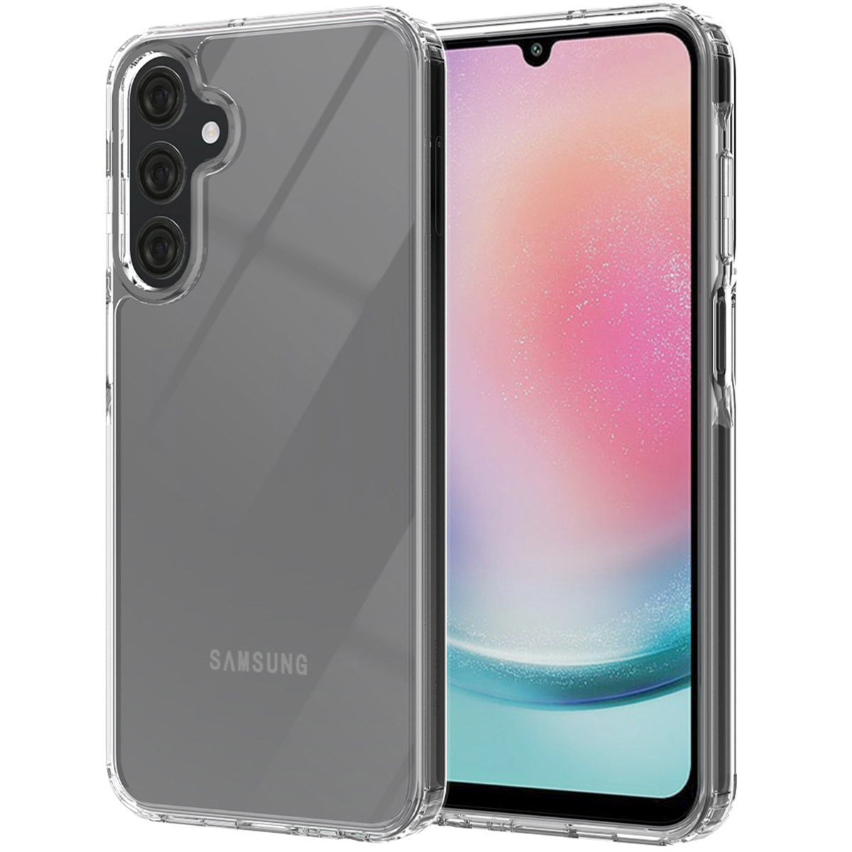 Een doorzichtige telefoonhoes naast een smartphone met een kleurrijk scherm. De hoes is transparant met het Samsung-logo.
