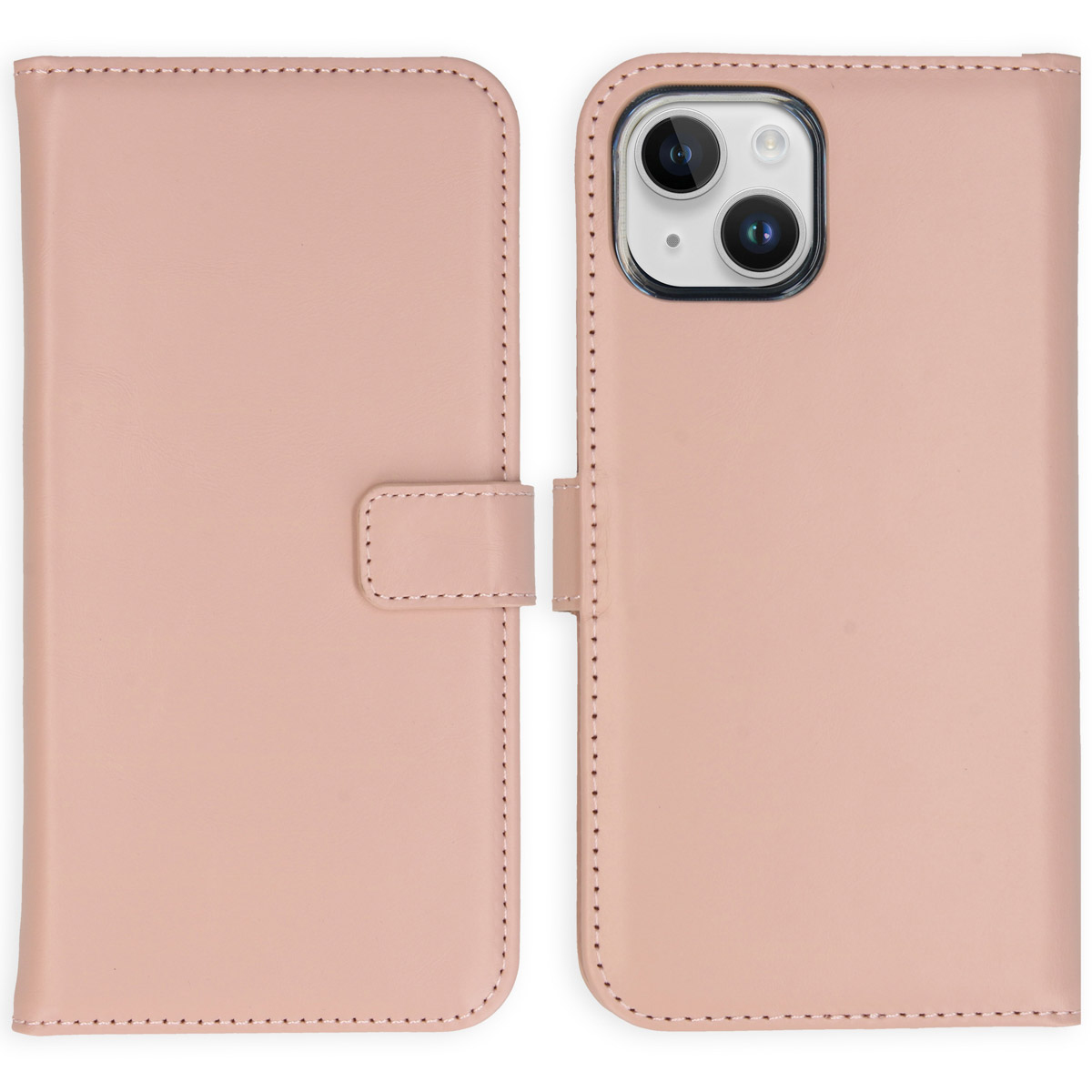 Een roze telefoonhoesje, open, met cameralenzen. De hoes is gestikt en heeft een sluiting.