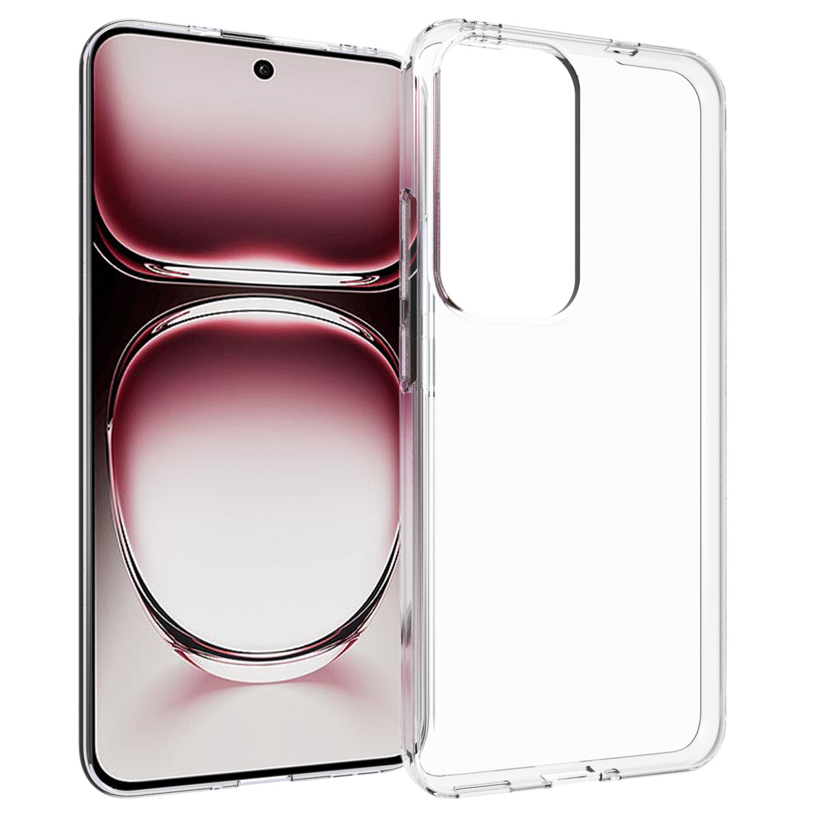 Uno smartphone con schermo sfumato rosa accanto a una custodia trasparente.