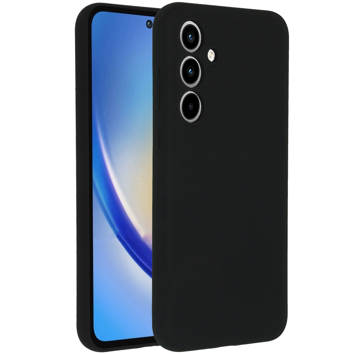 Eine schwarze Handyhülle neben einem Smartphone mit blauem Bildschirm. Die Hülle hat drei Kameralinsen und einen Blitz.