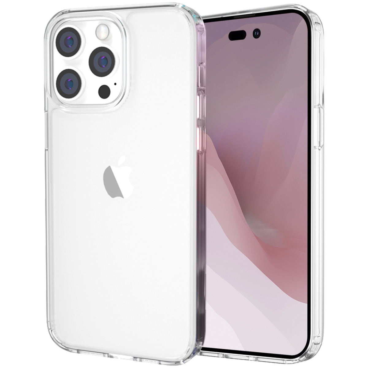 Deux smartphones dans des coques transparentes. L'un affiche un fond d'écran coloré, l'autre révèle la caméra et le logo Apple.