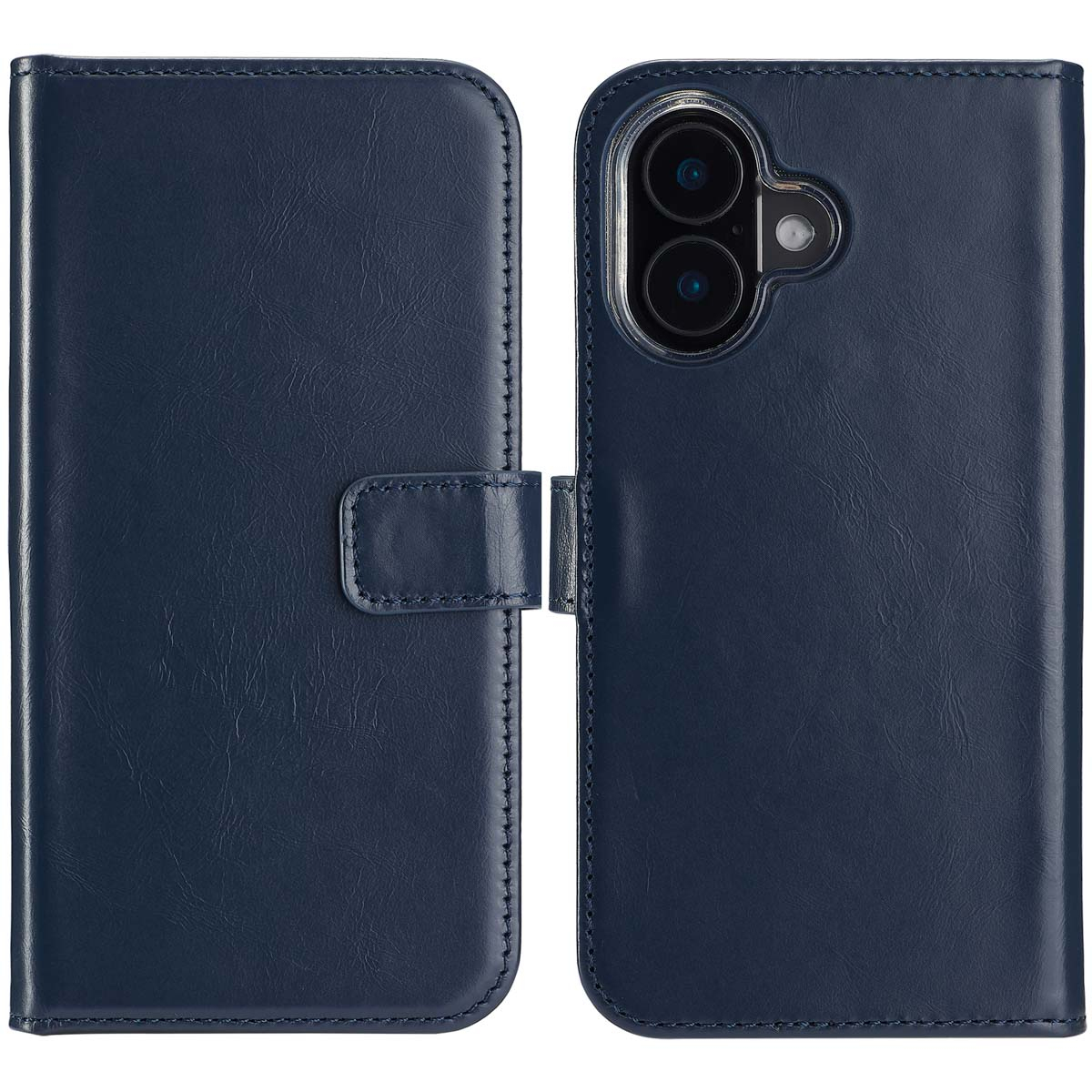 Een donkerblauwe leren telefoonhoes, open. De linkerkant heeft een flap, de rechterkant toont de cameralenzen van de telefoon.