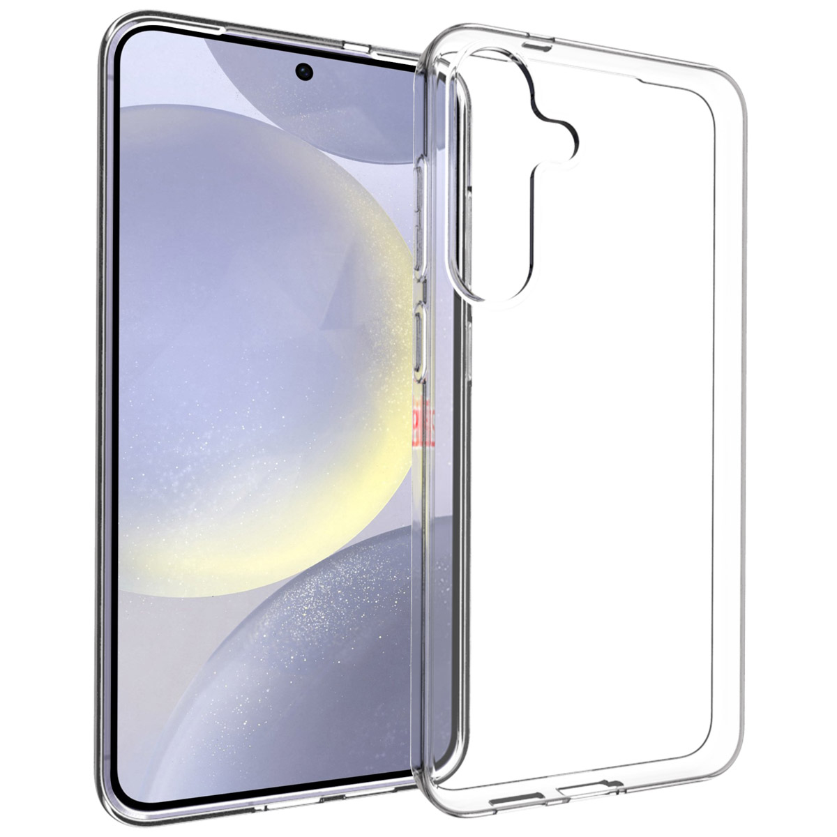 Un étui de téléphone transparent à côté d'un smartphone avec un écran montrant un fond flou et clair. L'étui est transparent.