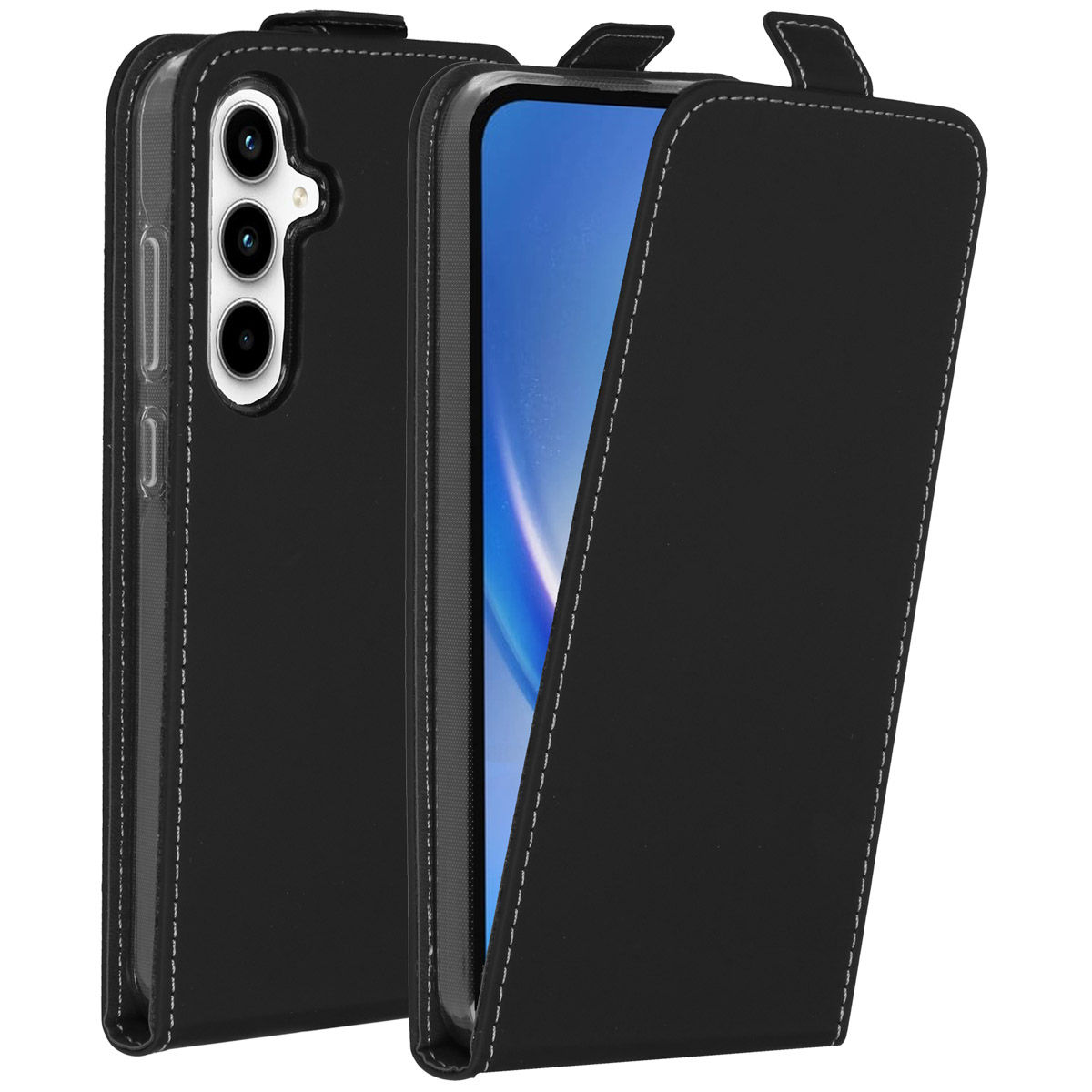 Étui de téléphone noir avec surpiqûres blanches, ouvert pour révéler l'écran du téléphone. Le téléphone a plusieurs caméras. Le fond est blanc.